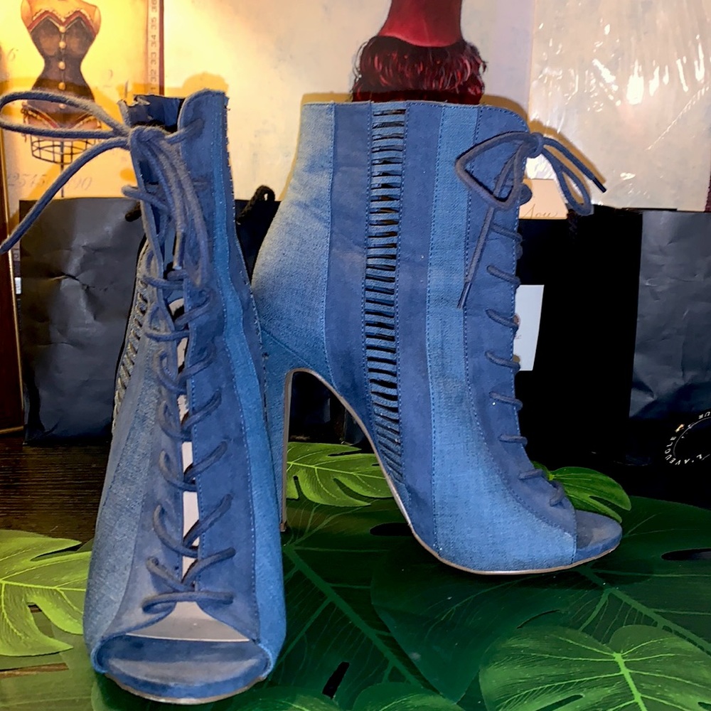 Denim Open Toe Laced High Heel Booties
